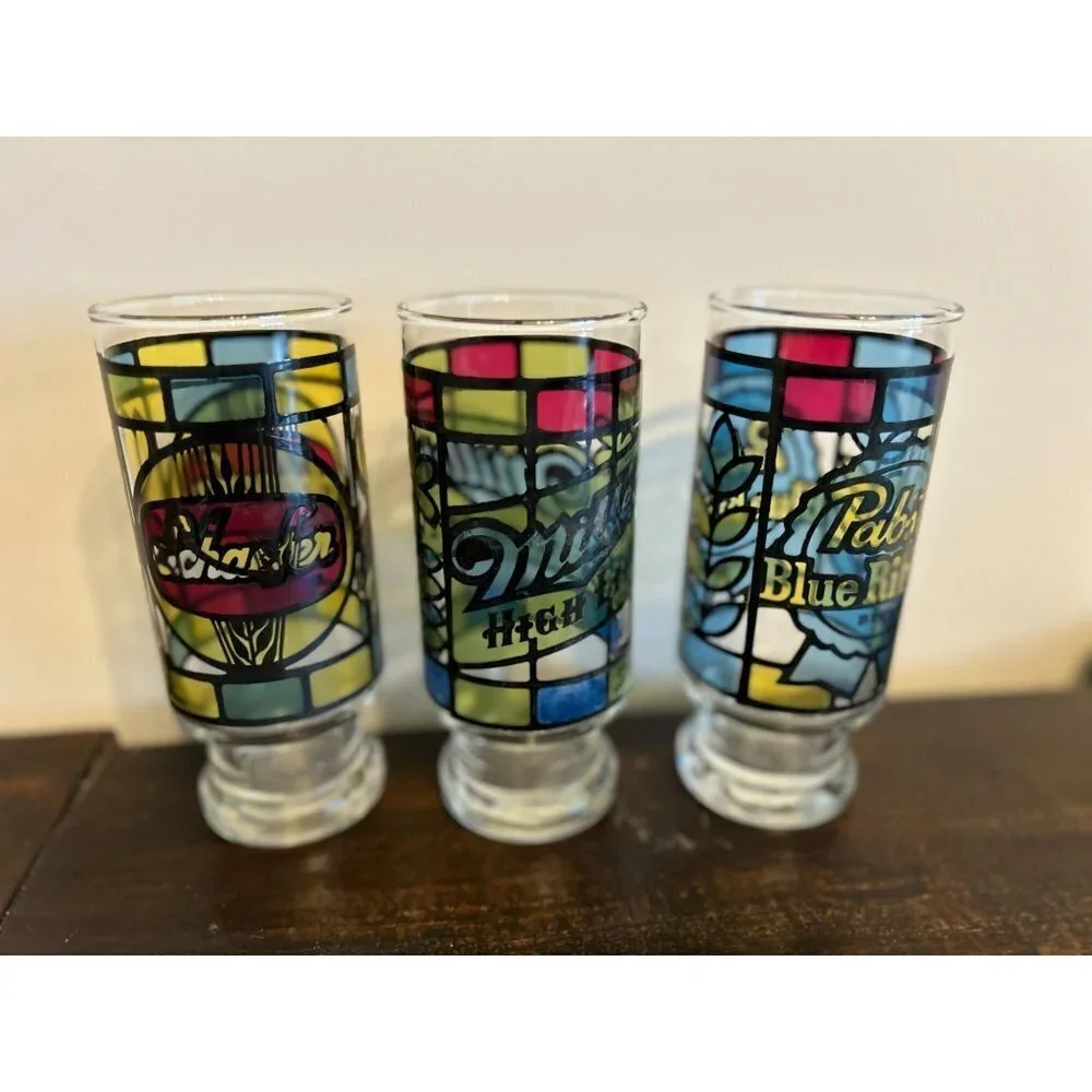 Set of 6 Anchor Hocking Beer Glass Circa 1970 Tumblers Stain Glass 6.5